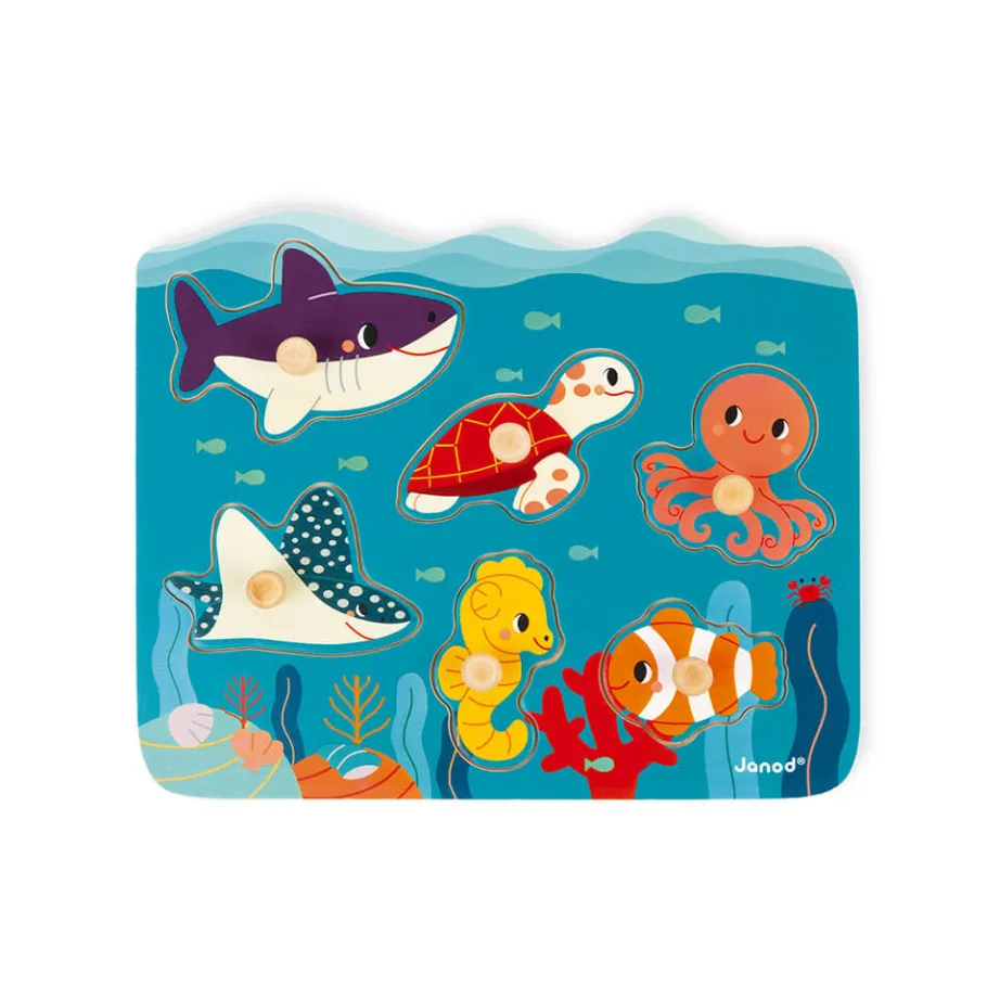 Janod Puzzle con perni in legno Animali marini - In collaborazione con il WWF®