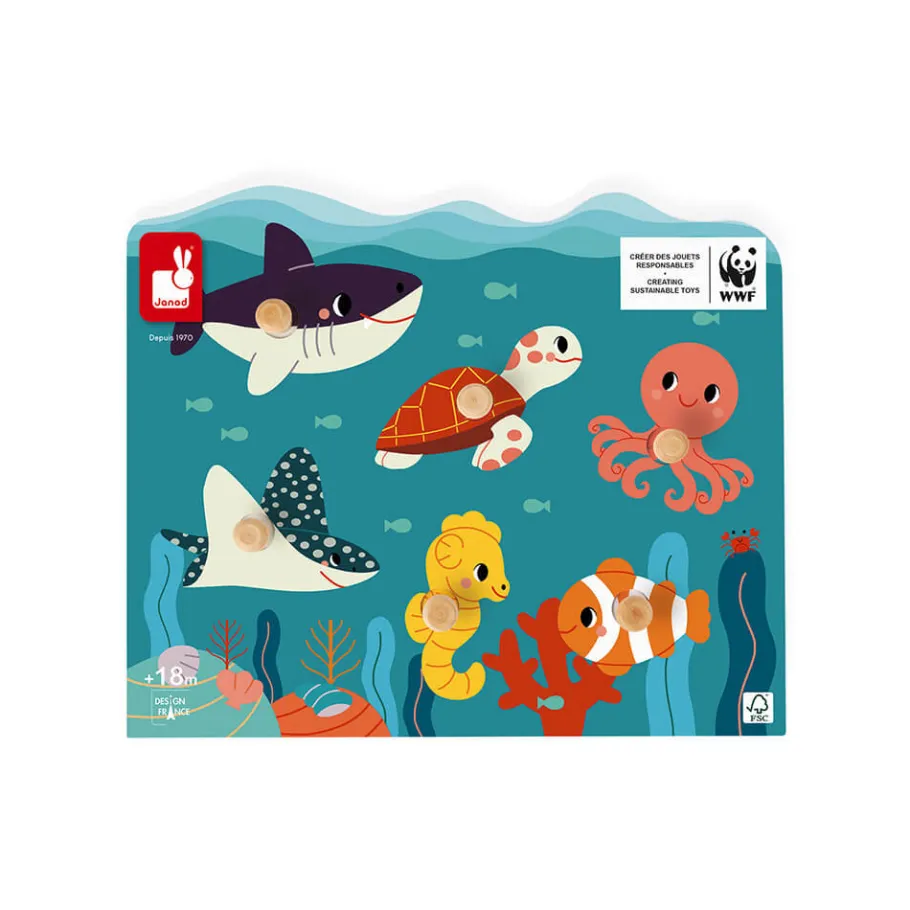 Janod Puzzle con perni in legno Animali marini - In collaborazione con il WWF®